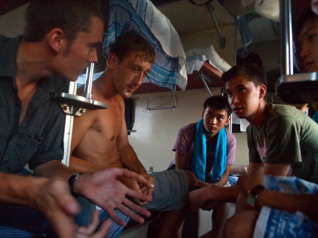 Woody telling stories on a Kazah train